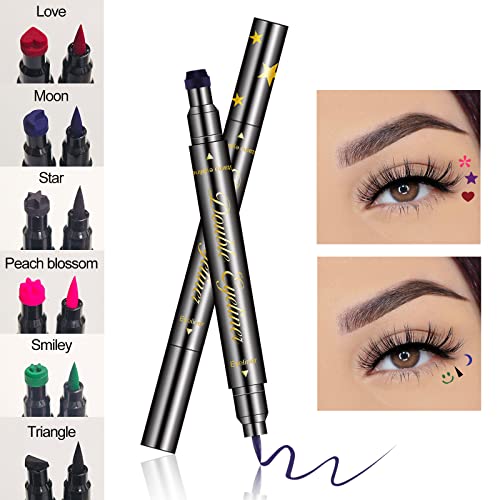 Jutqut 6Pcs Double-Head Liquid Stamp Eyeliner, Colored 6 In 1 Stars Flowers Hearts Moon Smiley Face Triangle Stamps Makeup Stamp Set, Waterproof Slim Gel Felt Tip Liquid Eyeliner Colorful Set Wingliner Shapes #TOP2