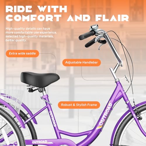 Image of Max4out Adult Tricycle with Large Basket 24 /26 Inch, Stable 3 Wheel Cruise Bicycle for Shopping, Beach and City Trike Perfect for Men, Women, Seniors（Blue /Purple /Red）