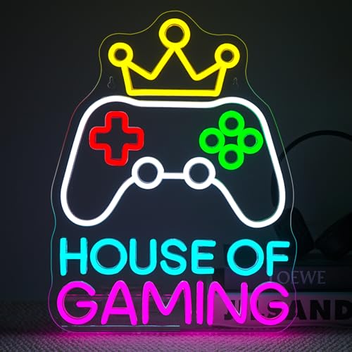 House of Gaming - Cartel de neón con corona de luces de neón para habitación de juegos, habitación infantil, intensidad regulable, decoración de pared