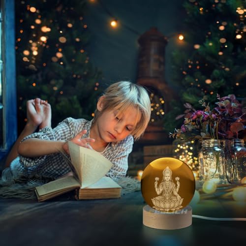Image of 3D Laxmi MATA Crystal Ball Night Lamp, Laxmi Idol Crystal Ball Night Light, USB Table Colorful Led Wooden Crystel Ball for Home, Office, Birthday Gift (Laxmi MATA)