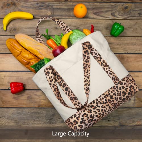 Image of TOPDesign 1-Pack Canvas Tote Bag with an External Pocket, Reusable Grocery Shopping Bag, Top Zipper Closure, Daily Essentials (Leopard /Natural)