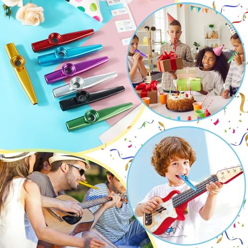 7 Stück Kazoo Instrument, Kazoo Set aus Metall, Metall Kazoos mit 14 Austauschbaren Membran, Nasenflöte, Geeignet für Kinder, Erwachsene und Musikanfänger, Kazoo Bunt fur Kinder Party Favors Geschenke