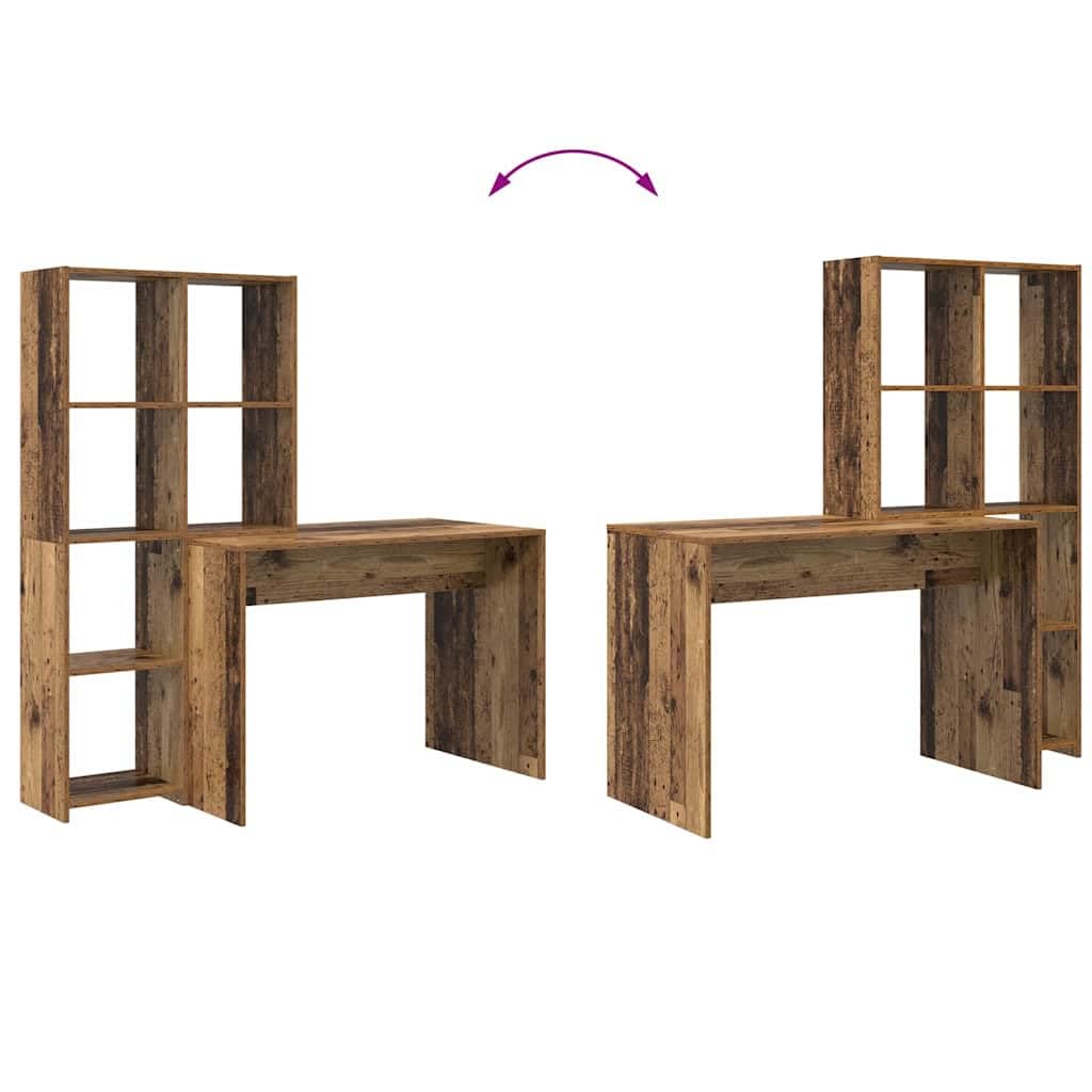 Schreibtisch aus Altholz Design Holzwerkstoff 138,5 x 55 x 143 cm mit 4 Regalen, für PC Laptop Büro Homeoffice Ordnung, Schreibfläche und Stauraum