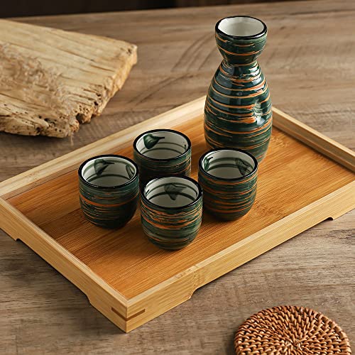 Veapuitoi 5 Pcs Japanese Ceramic Sake Set Include 1Pc Sake Bottle And 4 Pcs Sake Cups (Brushed Green) #TOP6