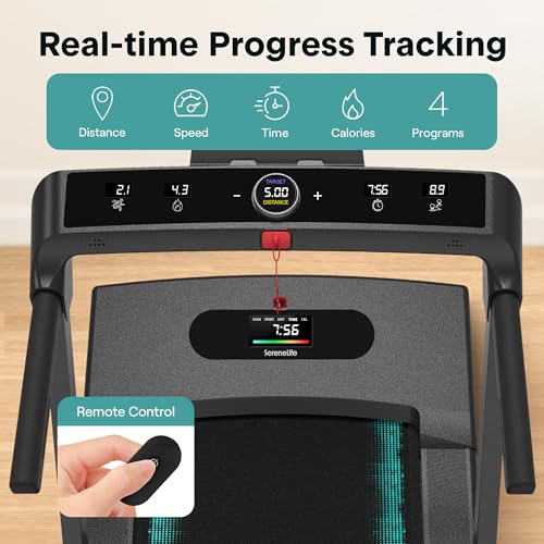 Image of SereneLife Portable Foldable Treadmill for Home, 8.7 MPH Shock Absorption, LED Display Under Desk Walking Mat for Home Office, Walking pad with Handle bar, App Support, 350lb Capacity