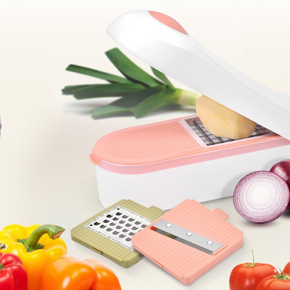 Durandal Coupe légumes et fruits sécurisé 3 lames inox tranche découpe frites rondelles dés râpe fromage bac récupérateur