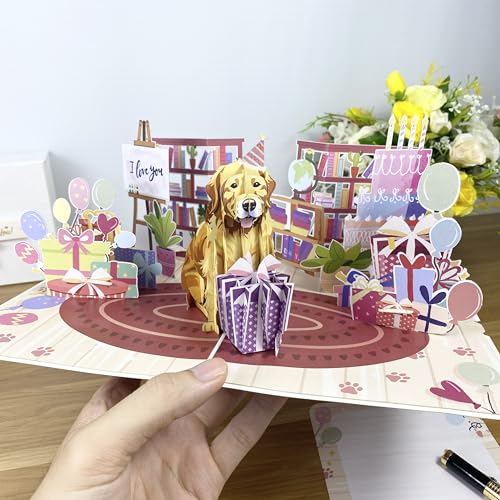 HALATADA Golden Retriever Kartka urodzinowa 3D Pop Up – kartka z uroczym psem z kopertą, prezent dla szczeniaka dla miłośników psów, dzieci, kobiet, zabawna kartka urodzinowa dla miłośnika zwierząt