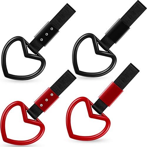 Frienda 4 Pieces JDM Heart Shaped Car Handle Straps Drift Charm Rear Bumper Warning Ring Decor Subway Bus Broken Heart Handle for Car Interior Black and Red(Black, Red)