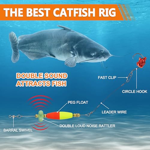 Santee Rig Catfish Float Cooper Rig for Bank Fishing Catfishing Tackle Peg Floats with Rattler Circle Hooks 8/0, Mix 6pc