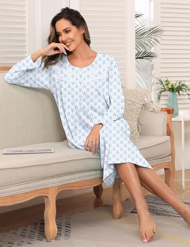 Image of IZZY + TOBY Nightgowns for Women Long Sleeve Soft Cotton Long Warm Nightdress Kintted Night Gown