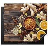 KitchenYeah© Cubre Vitrocerámica - Protector Vitroceramica Induccion 59x51 cm - Tapa Vitroceramica - Protector de Vitroceramica Especias - Jengibre - Limón - Especias - Bodegón - Impresión en madera