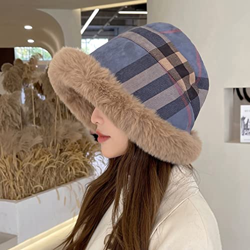 Ruinuo Womens Bucket Hat Plaid Warm Winter Hat Plush Thickened Earmuff Hat For Travel Velvet Tartan Packable Bucket Hats Blue #TOP3