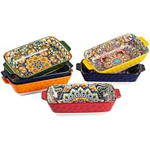 Henten Home 18 oz Rectangular Bowls with Handle, Ceramic Serving Bowls Set of 6, Bohemian Style Dishes for Salad, Risotto, Snack, Pasta, Microwave & Dishwasher Safe
