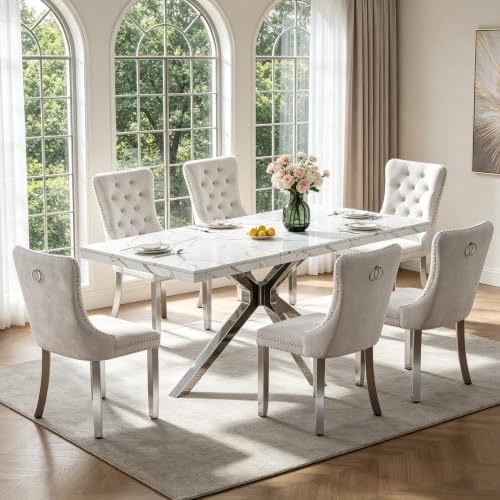 Pvillez 7 Piece Marble Dining Set for 6, 70.87" Rectangular Dining Room Table with 6 Beige Velvet Chairs, Silver Stainless Steel Frame, Luxury Modern Kitchen Table Set for Dining Room, Easy Assembly
