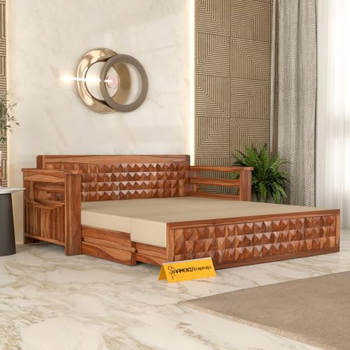 Image of Mamta Furniture Solid Sheesham Wood Sofa Set 3 Seater Furniture Wooden 3 Seater Sofa Cums Bed for Home Living Room with Cushions (Honey with Cream, 3 Seater Design 1)