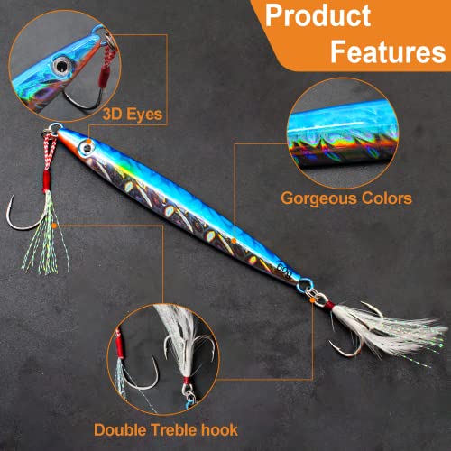 Ghanneey 5Pcs Fishing Jigs Vertical Fishing Slow Fall Lures Metal Lead Jigging with Two Feather Hooks for Tuna Kingfish Bass Snapper Salmon 60g