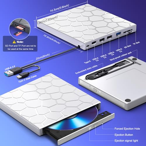 Image of External CD /D1VD Drive for Laptop, DVD Player for Laptop, 8 in 1 USB 3.0 Ultra-Slim Portable (Silver)