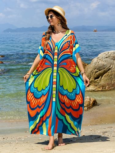 Image of sunforyou Kaftan Dresses for Women Plus Size Lightweight Swimsuit Cover up Batwing Sleeve Print Loungewear Beach Robe