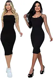 Vestidos midi femininos Verde Tamanho P Kit 2 Vestido Midi Com Alça E Tomara Que Caia Tecido Grosso Confortável