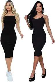 Vestidos midi femininos Verde Tamanho P Kit 2 Vestido Midi Com Alça E Tomara Que Caia Tecido Grosso Confortável