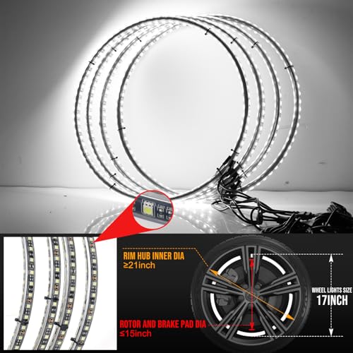 Image of Tavaray 4PCS 14 inch Super Bright Double Row Pure White Wheel Lights, Remote Control with Flashing Modes, IP67 Waterproof, 6500K LED Wheel Ring Lights for Trucks Cars SUV Pickup Vehicles Offroad