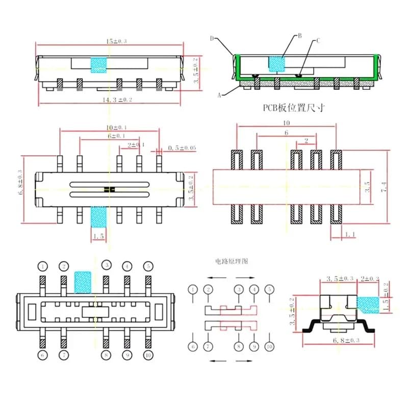 10個MSKT-24D20T小型トグルスイッチ10ピン4スピード水平パッチサイドスライドフィルム電源スイッチ