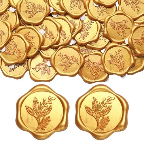 Yoption 100 Pack Eucalyptus Leaves Wax Seal Stickers, Gold Self- Adhesive Wax Stickers for Wedding Party Invitation, Christmas, Gift Wrapping, Envelop Seals