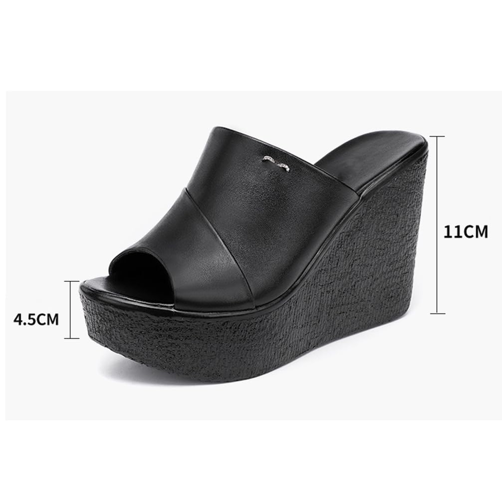 Sandalias de Cuña con Plataforma para Mujer, Negro, Cuero, Peep Toe, Tacón Alto 11cm, Mule Estilo Casual