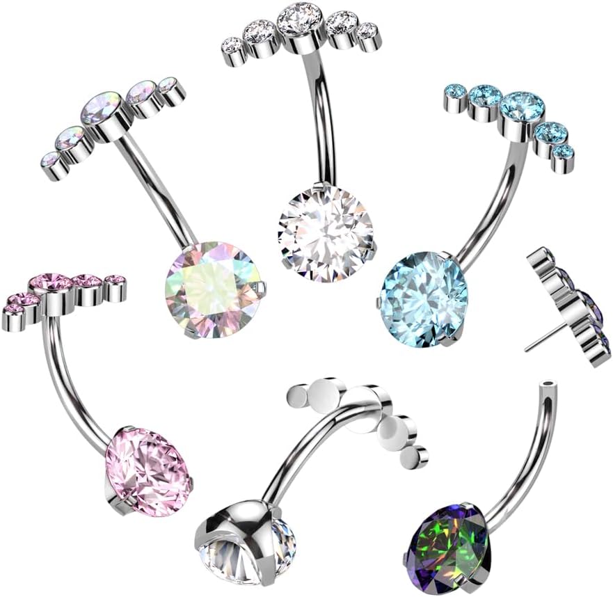 Pierced Owl 14GA ASTM F-136 Implant Grade Titanium Threadless Push-In CZ Crystal Curved Top Belly Button Ring