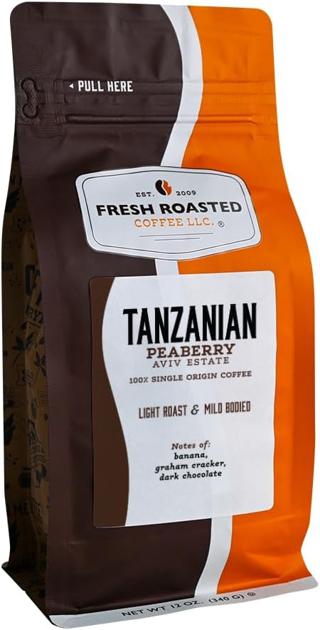 Fresh Roasted Coffee, Tanzanian Peaberry, 12 oz, Light Roast, Kosher, Ground
