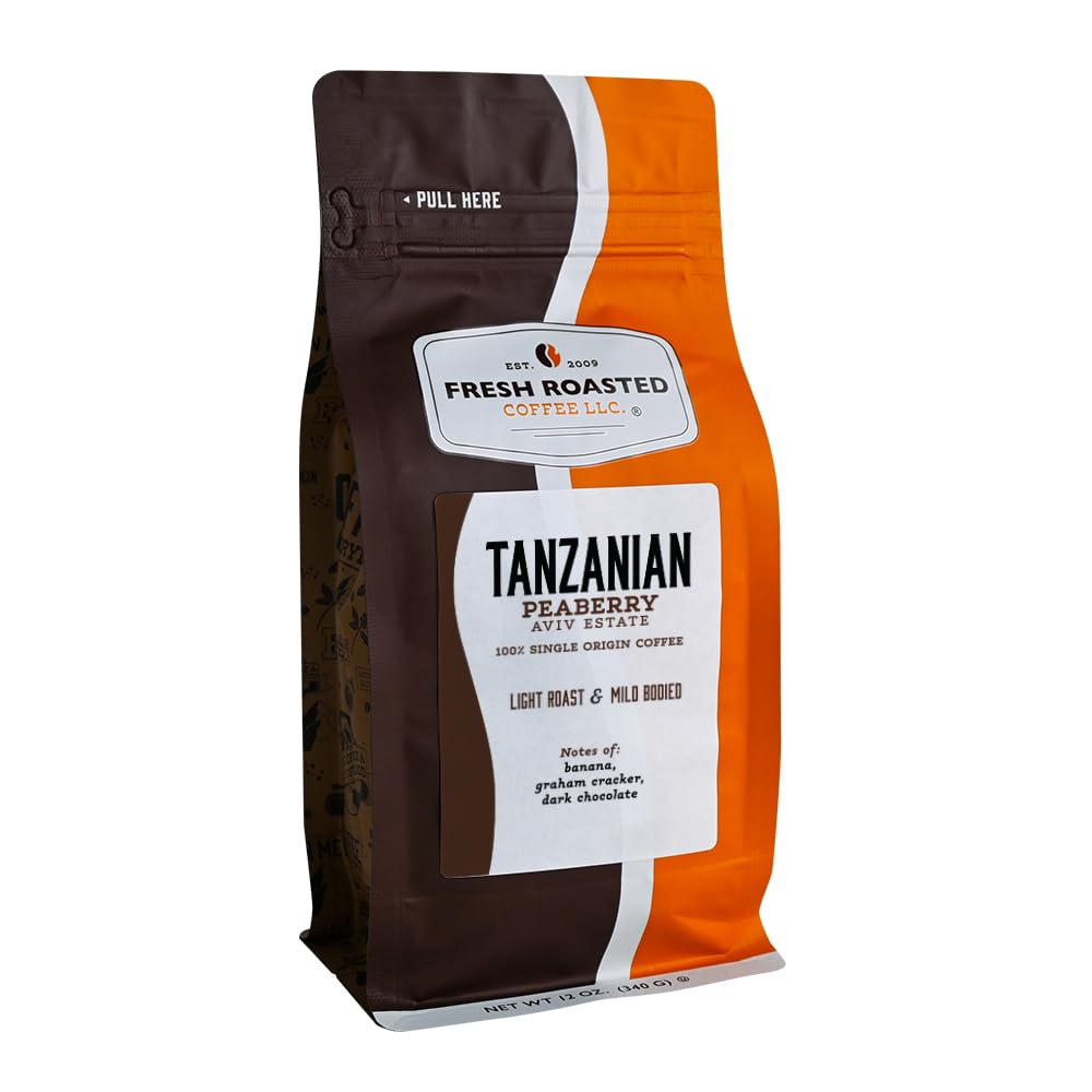 Fresh Roasted Coffee, Tanzanian Peaberry, 12 oz, Light Roast, Kosher, Ground