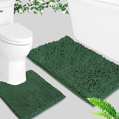 Image of BOANKODU Bathroom Set - 2 Piece Soft Chenille Bath Rugs, Non-Slip, 32x20 + 20x20 Inch U Shape, Machine Washable (Dark Green)