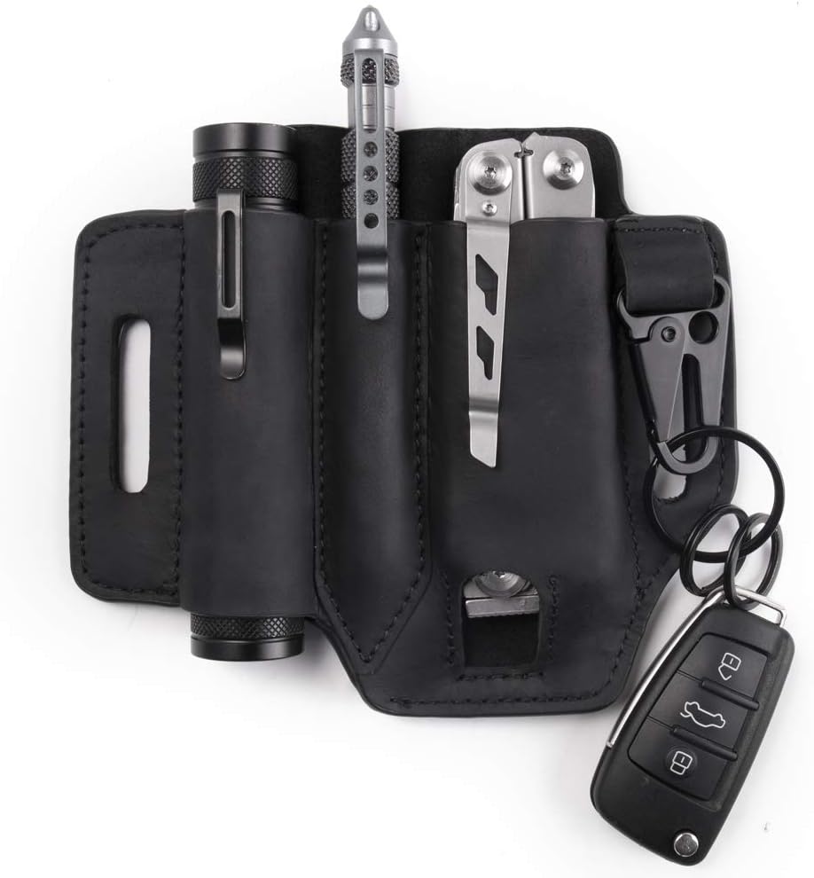 Gentlestache Multitool Sheath for Belt, Leather EDC Pocket Organizer for Men, Leatherman Sheath with Pen Holder, Key Fob, Flashlight Sheath, EDC Leather Pouch