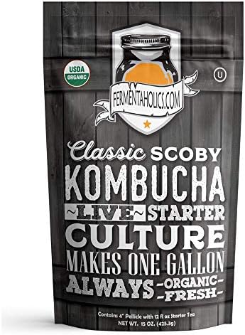 Fermentaholics ORGANIC Kombucha SCOBY With Twelve Ounces of Starter Tea - Live Starter Culture - Makes A One Gallon Batch - 1.5 Cups of Strong Mature Starter Tea - Brew Your Own Kombucha (1 Pack, 1, Count)