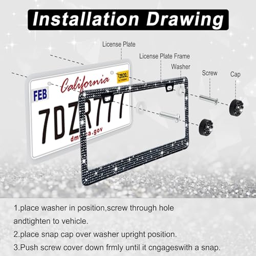 Amiss Bling License Plate Frame for Women, 1Pack Rhinestone Handcrafted Crystal Premium Stainless Steel, Stainless Steel Car Accessories with Diamond Sparkle Glitter Caps (Black)