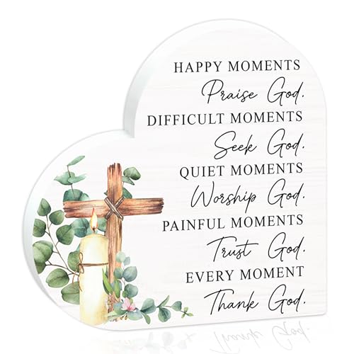 Happy Moments Praise God Difficult Moments Seek God Wooden Sign - Christmas Valentines Christian Gifts For Women, Family, Friends - Inspirational Bible Verse Heart Shape Pinewood Block Decor For Home, Office Table - B07