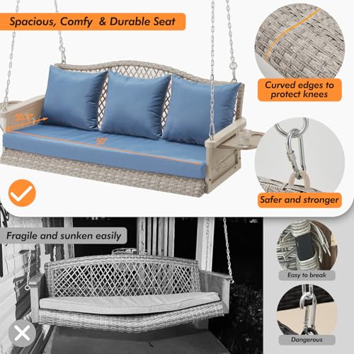 ZZW Upgraded Wicker Hanging Porch Swing Heavy Duty 900 LBS 3-Seat Outdoor Patio Swing Chair Bench for Adult w/ 8.9ft Hanging Chains Cushions and Cup Holder - Thumbnail 6