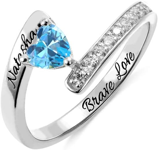 AILIN Heart Birthstone Rings With Name 925 Sterling Silver Crystal Custom Engraving Promise Rings Wedding Engagement Birthday Gifts For Her Women