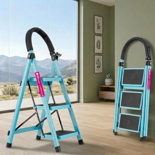 Image of Casa Copenhagen Teal Blue 3 Step Ladder for Home Use with Built-in Tool Tray | Heavy Duty D Shape Rods | Ultra Large Platform | Wide Rubber Feet | 150Kg Capacity Foldable Ladder - 7 Years Warranty