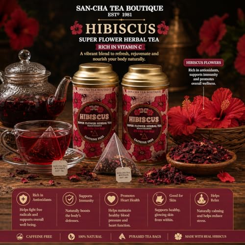 Image of Sancha Tea Boutique, Hibiscus Herbal Tisane, 25 Pyramid Bags (Pack of 2), Caffeine-Free, Real Flower Blend, Refreshing & Naturally Tart