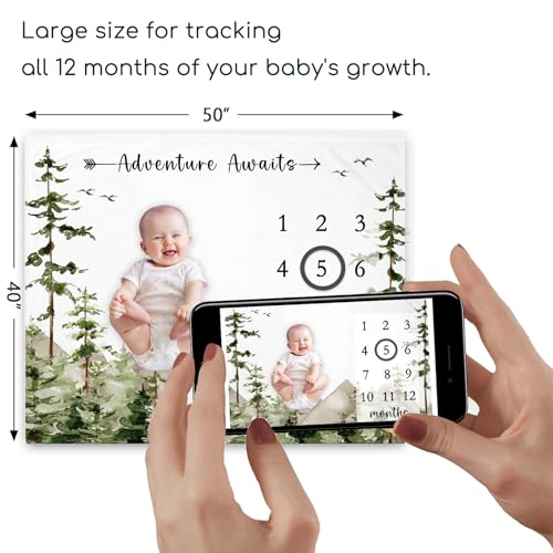 Image of Yuzioey Adventure Awaits Baby Milestone Blanket with Birth Stat Sign, Mountain Baby Growth Chart Monthly Blanket, Watch Me Grow Adventure Nursery for New Moms Shower(50 inchx40 inch)
