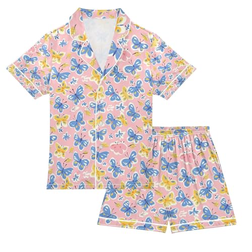 senya Blue Yellow Butterflies 1 Satin Summer Pajama Sets Silk Short Sleeve Button Down Sleepwear