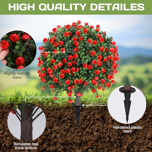 Artificial Red Rose Topiary Ball Tree 25\" with Ground Spike, Set of 2 Artificial Boxwood Bushes for Faux Shrubs, Fake Evergreen Faux Plant for Indoor Outdoor Porch Garden -UV Resistant–Fade-Proof - Thumbnail 3