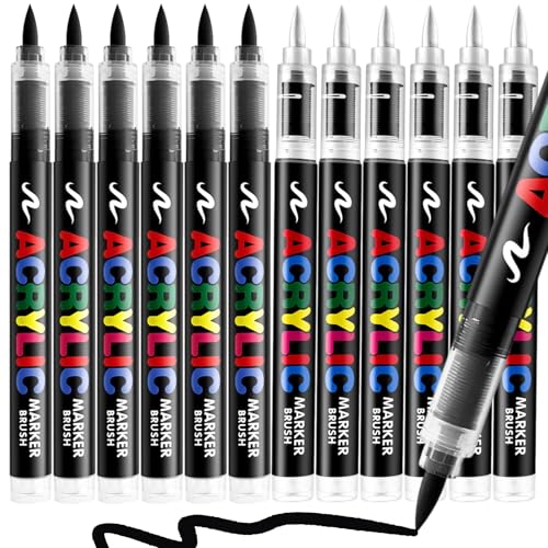 Diyeever 6 Black +6 White Paint Pen Brush Tip Acrylic Paint Markers for Rock Painting Wood Glass Ceramic Canvas Fabric Stone Decoration DIY Crafts Kit Making Art Supplies