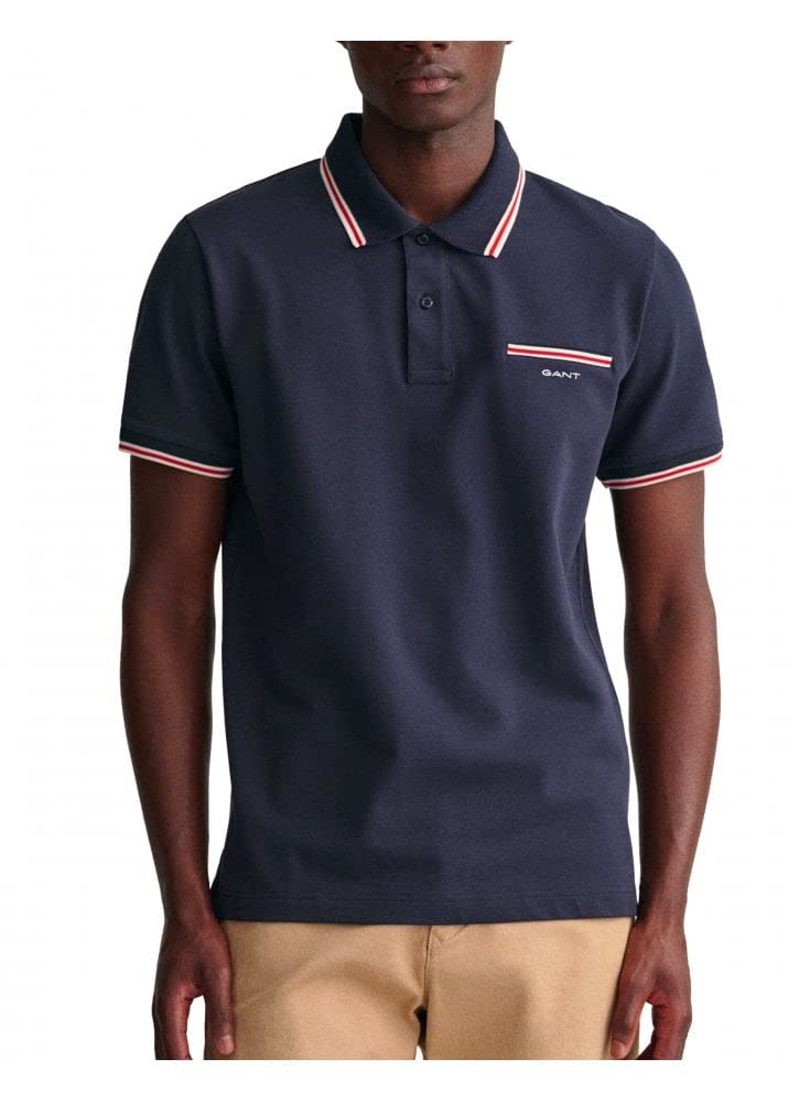 Gant Men's Evening Blue 3-Col Tipping Solid Ss Pique Polo Shirt, Standard, M