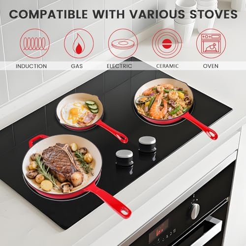 Hisencn Enameled Cast Iron Frying Pan Set, 3 Piece Set of 8''/9.5''/11'' Skillets, PFAS & PTFE & PFOA Free, Gas/Induction/Electric/Oven Compatible, Rouge Red - Thumbnail 3