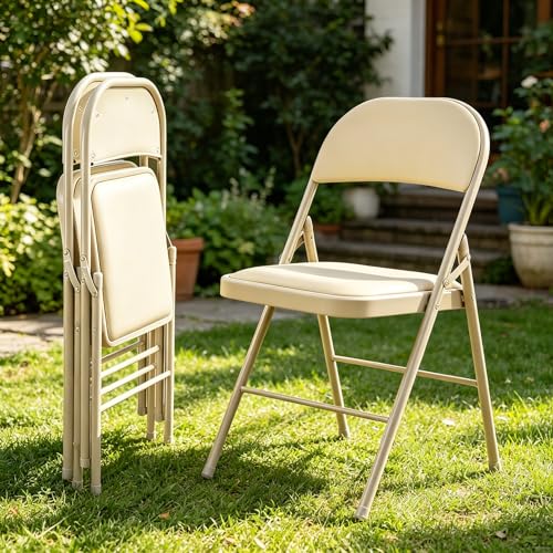 Image of Simple Deluxe Dining Chairs Set of 2, Leather Cushion Foldable Contemporary Kitchen Side Chair with Padded Back & Sturdy Metal Legs, Upholstered Seat for Home /Living Room /Bedroom /Cafe, Tan