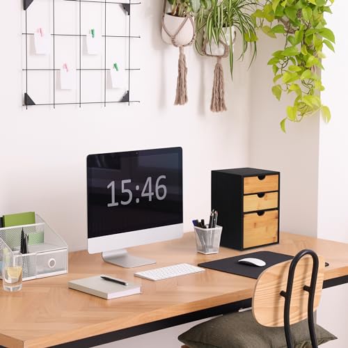 Relaxdays Schubladenbox, Bambus, 3 Schubladen, HxBxT: 28 x 17 x 21,5 cm, Schreibtisch Organizer, Büro, Natur/schwarz