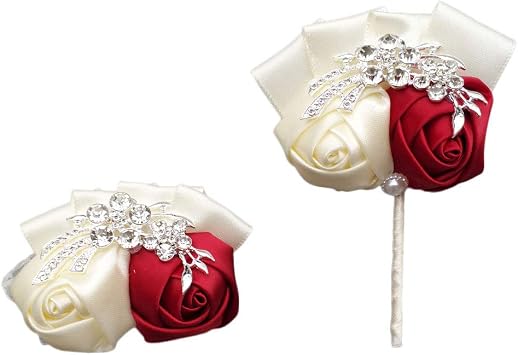 Satin Rose Wrist Corsage & Boutonniere Set w/Crystal Rhinestone Brooch Wedding Bridal Bridesmaid Wristband Groom Bridegroom Boutonniere for Wedding Prom Homecoming-Ivory Burgundy Set
