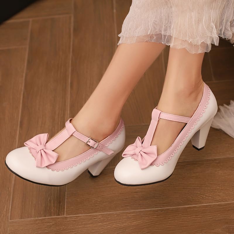 Image of Elbslutt Women's Cute Retro Rockabilly Shoes T Strap Mary Janes Heels Chunky Cosplay Shoes Sweet Block Heeled Bow Pumps